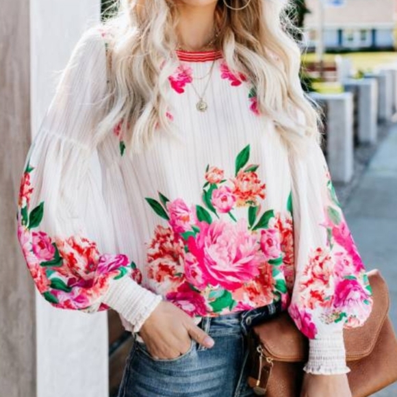 1 left! Floral Billow Smocked Mock Turtleneck Top - Picture 2 of 9